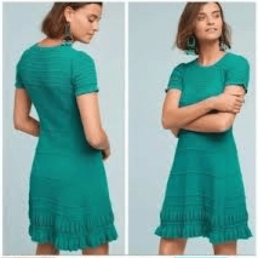 Maeve Anthropologie Green Pointelle Knit Fit & Flare Ruffle Hem Dress Small